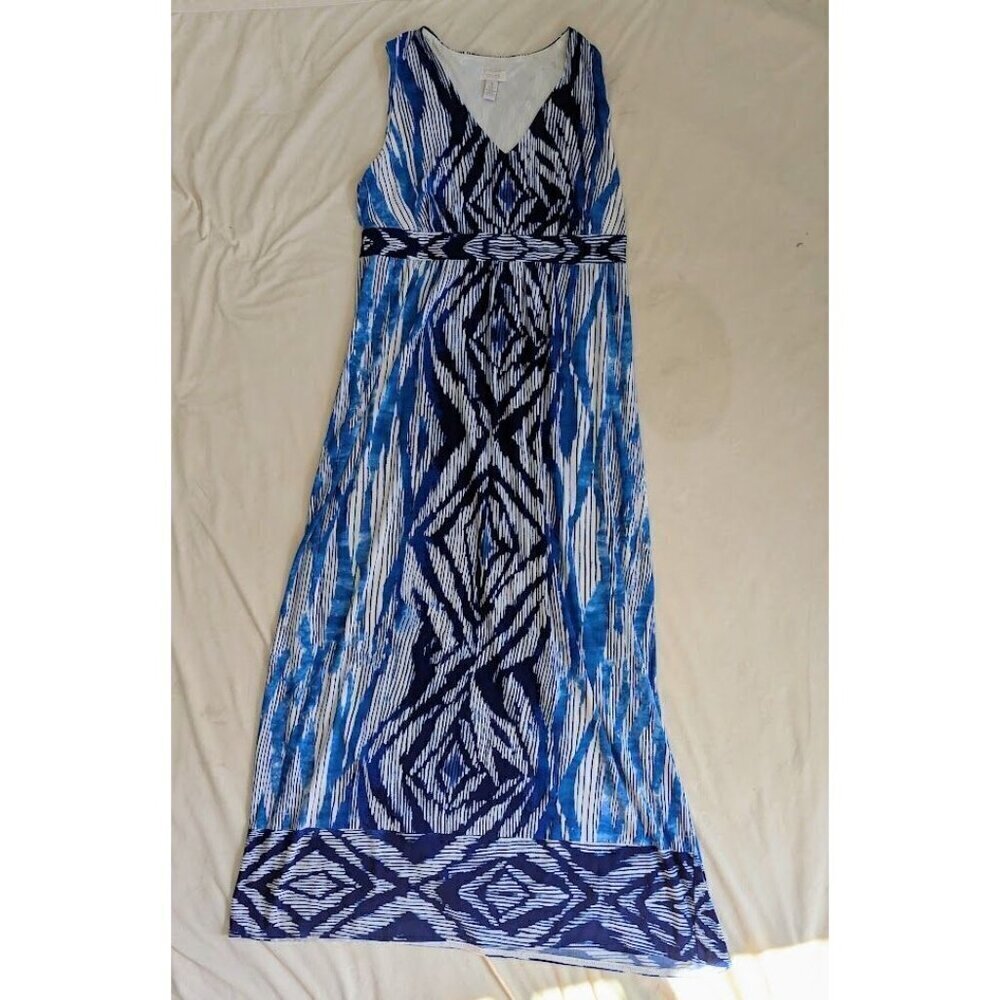 Chicos Womens Dress Maxi Ikat Blue Jersey Knit Stretch Sleeveless XL 3
